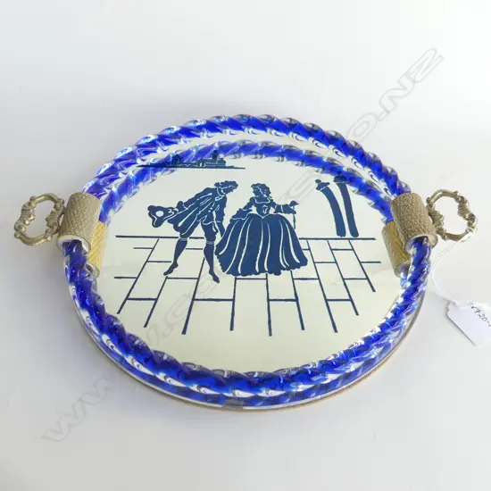 MURANO GLASS TRAY, COBALT BLUE SCENE MIRROR WITH GOLD GILT HANDLES, DIA 340MM