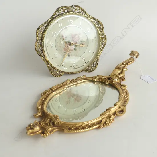 GILT HAND MIRROR L360MM & PETTI POINT DRESSING TABLE CLOCK H160MM