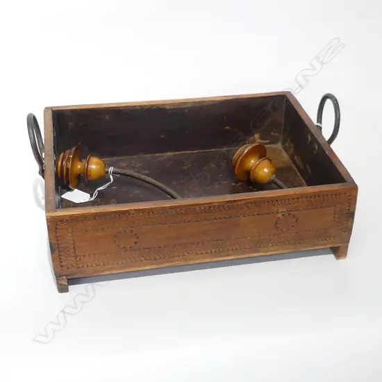 VINTAGE CARVED INDIAN WOODEN BOX, METAL HANDLES 365 X 255MM & VINTAGE WOODEN & METAL  WALL COAT HOOK