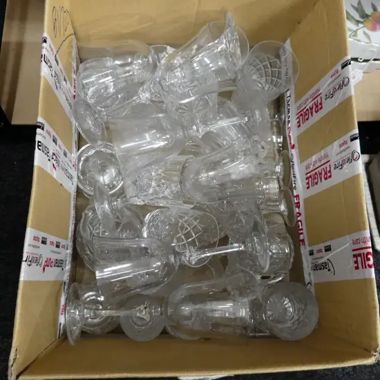 BOX LOT ASST. CRYSTAL GLASSES; WINE, TUMBLERS ETC