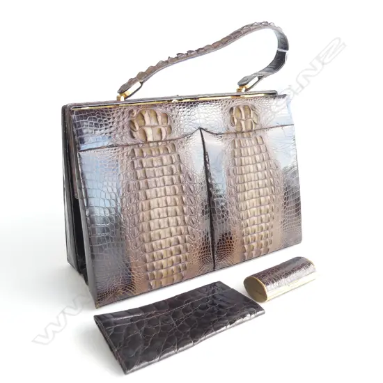 VINTAGE CROCODILE LEATHER HANDBAG W.310mm w. MATCHING WALLET & LIPSTICK CASE + DUST COVER