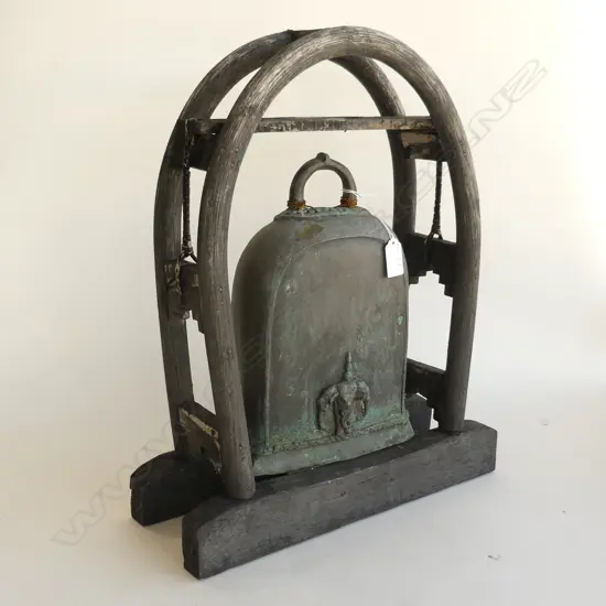 ORIENTAL BRONZED BELL IN WOODEN HOLDER H.450mm