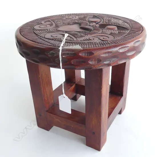 CARVED WOODEN MAORI STOOL H.240mm 255mm dia