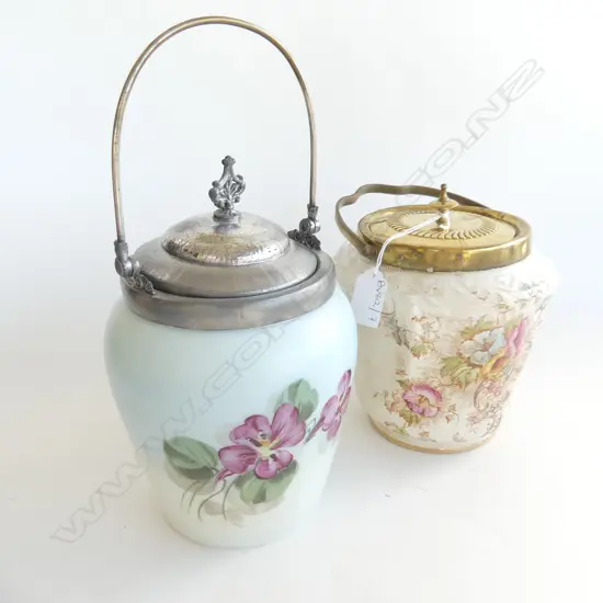 2 VICTORIAN BISCUIT BARRELS; MILK GLASS & CERAMIC H.180mm 
