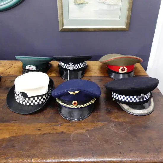 6 ASST. POLICE PEAKED CAPS; 3 UK, 2 GERMAN, 1 RUSSIAN