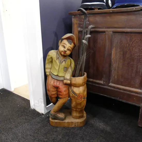 LG CARVED WOODEN PAINTED ORNAMENTAL GOLFER WITH CLUBS H. 920MM