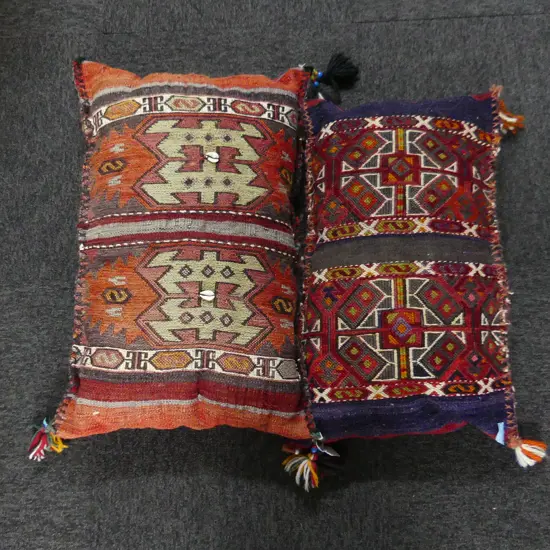 2 PERSIAN KELIM COVERED CUSHIONS SOFT RED TONES ETC 600X400mm approx