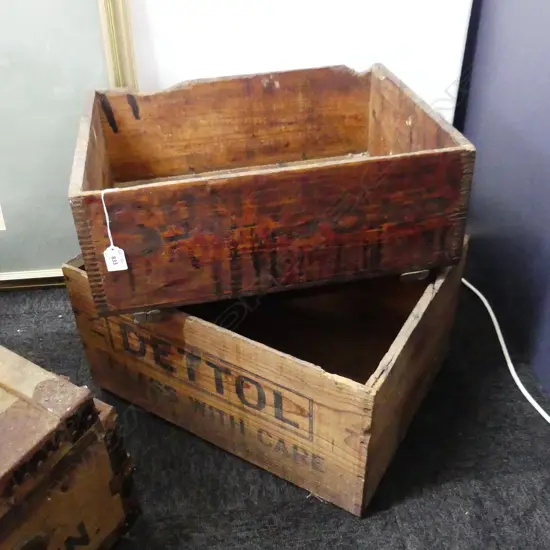 2 LG OLD WOODEN CRATES INCL DETTOL 