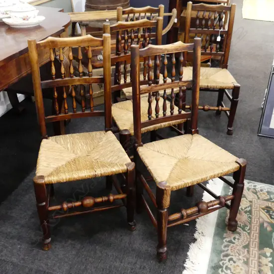 5 ANTIQUE OAK SPINDLE BACK CHAIRS w. RUSHED SEATED