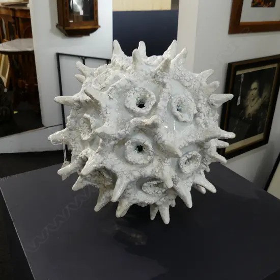 ABSTRACT WHITE CERAMIC SPIKED BALL SCULPTURE H.300mm