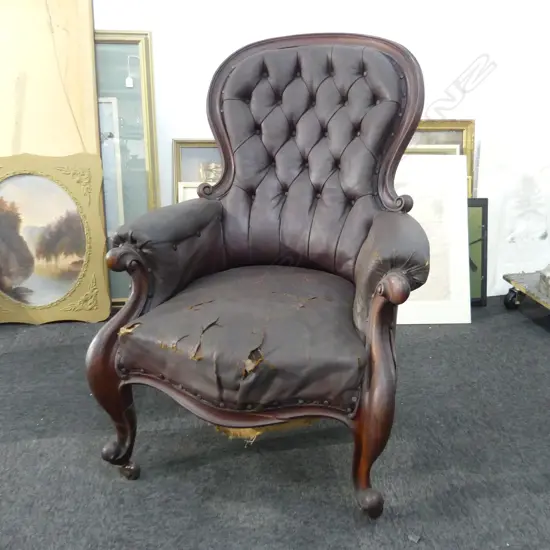 VICTORIAN BROWN LEATHER GRAND FATHER CHAIR showing age 