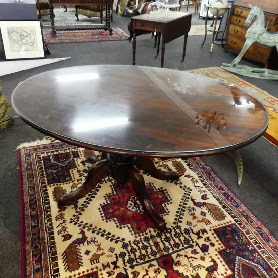 VICTORIAN OVAL TILT TOP PEDESTAL TABLE w. GLASS TOP 1350x1000x730mm