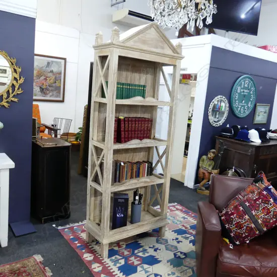 4 TIER WHITE WASHED GABLED BOOKCASE 850x380x2220mm some damage