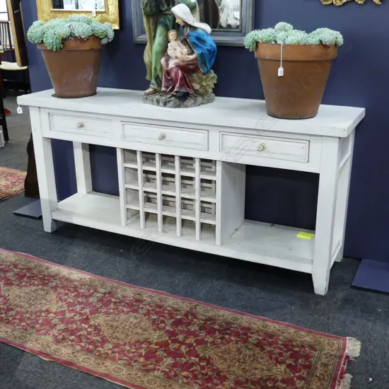 WHITE PAINTED 3 DRAWER CONSOLE TABLE w. CENTRAL WINE RACK 1800x450x830mm