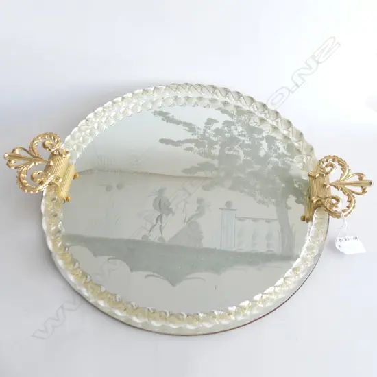 LG MURANO GLASS MIRROR SCENE TRAY - GOLD GILT HANDLES DIA 440MM