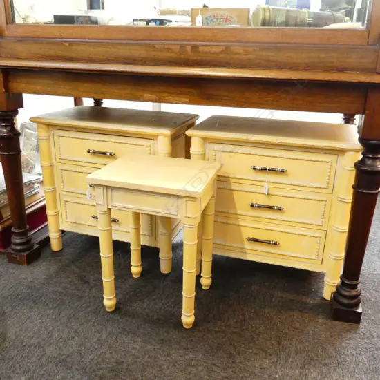 PR YELLOW CHALK PAINTED FAUX BAMBOO BEDSIDE DRAWERS + MATCHING TABLE...