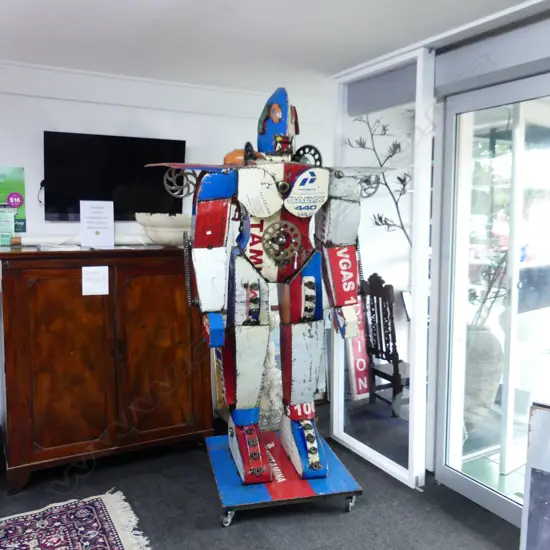 MASSIVE OIL CAN RECONSTRUCTED ROBOT ON WHEELED BASE H.2300mm