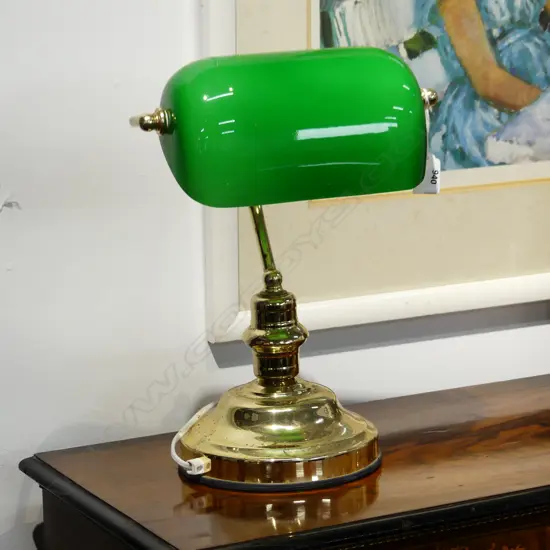 BANKERS LAMP; GREEN SHADE H.390mm some pitting to gold tone metal