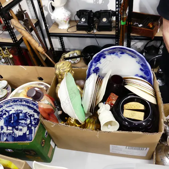 BOX LOT ASHETTE, GOLD ANGEL, GLASS VASES ETC