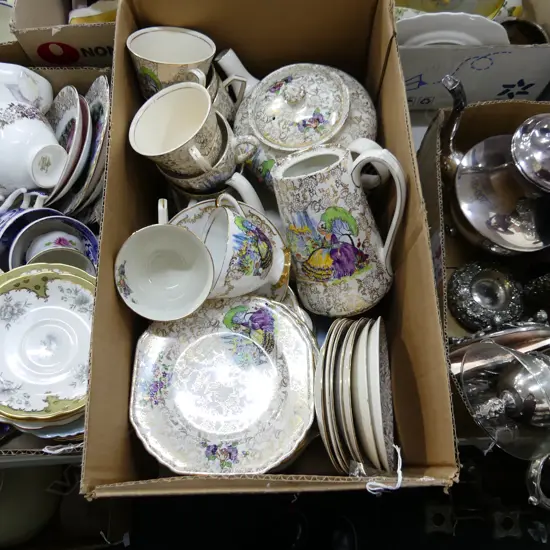 BOX LOT ASST CRINOLINE LADY PCS, TEAPOT, PLATES, TRIOS, ETC..