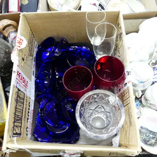 BRISTOL BLUE GLASS TEASET  4 WINE GL;ASSES & CRYSTAL VASE