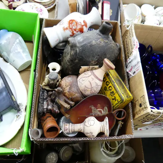 BOX LOT ASST. LGE PAPIER MACHE VESSEL, ASST. ETHNIC / TRIBAL PCES