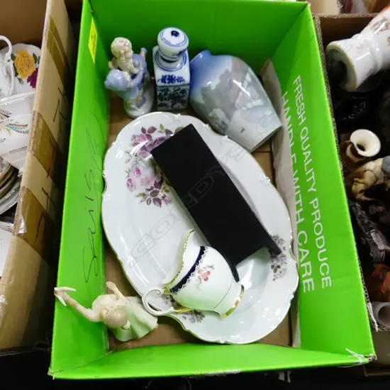 BOX LOT ASHET, FIGURINES, B&G VASE ETC