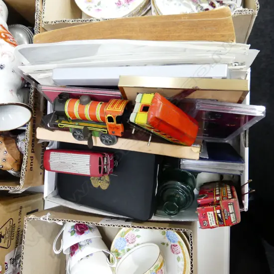 BOX LOT ASST; FILM STILLS, CONTAINERS, JAP. WIND UP TRAIN, COIN SETS ETC