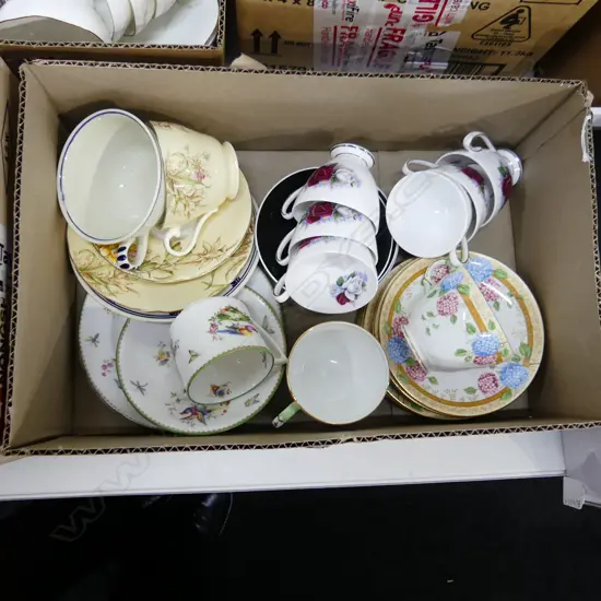 SM BOX ASST CHINA INC 6 QUEEN ANNE DEMI C&S's, GROSVENOR HYDRANGEA  TRIOS, RD TRIO & AYNSLEY TRIO etc.