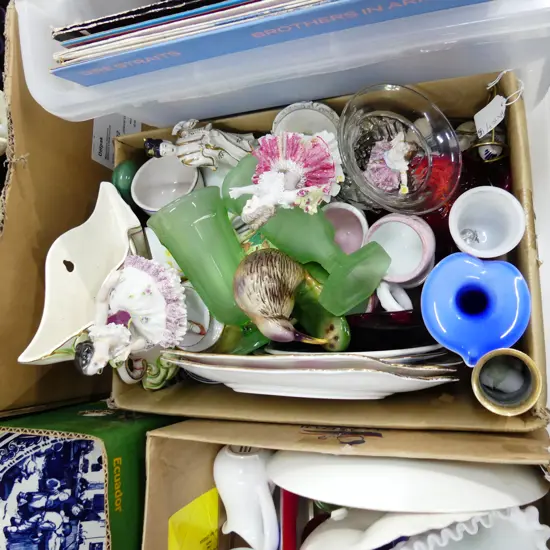 BOX LOT ASST. GLASS & CHINA INCL. 2 ROYAL ALBERT OCR CAKE PLATES, KIWI ETC