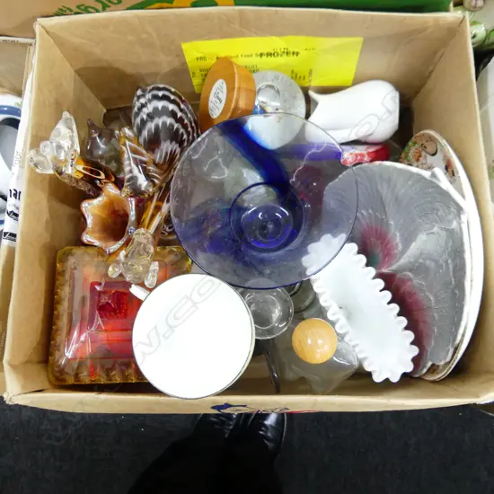 BOX LOT ASST. ART GLASS ETC