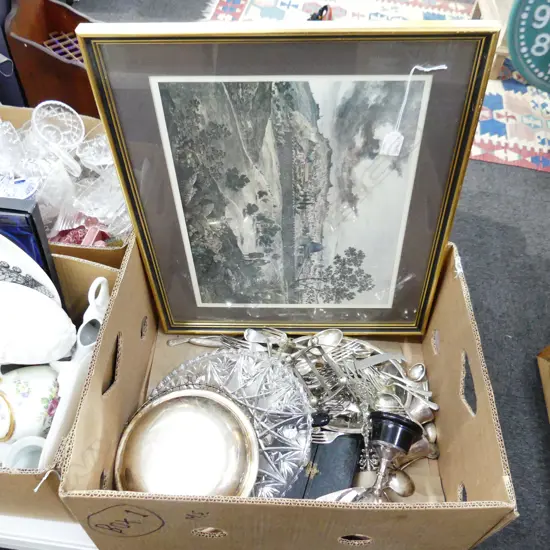 BOX LOT EP CRYSTAL DISH PRINT ETC