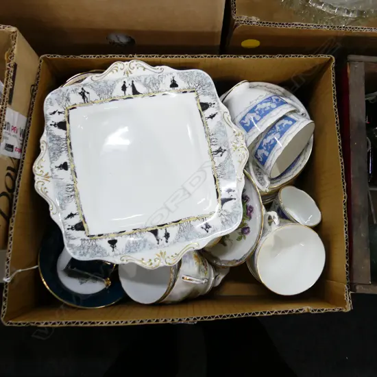 BOX ASST CHINA INCL COALPORT REVELRY TRIOS, PLATES ETC..