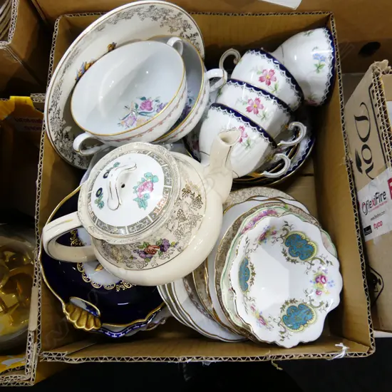 BOX LOT ASST CHINA INCL TUSCAN, RA, LIMOGES ETC..