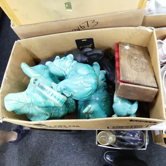 BOX LOT CELADON CERAMIC ANIMALS; CHICKENS, ELEPHANTS ETC