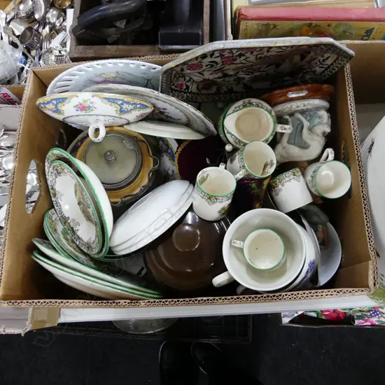 BOX LOT ASST CHINA; COPELAND SPODES BYRON, A. BELCARI FIGURE ETC