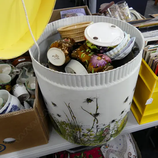 DECOUPAGE BEE HAT BOX + ASST. CHINA INCL. 5 SHELLEY DISHES, EP, PLANT STAND TROPHY ETC