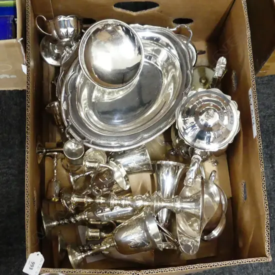 GOOD BOX LOT ASST SILVER PLATE INCL. COFFEE POT, JUGS, GOBLETS, CANDELABRA  ETC..