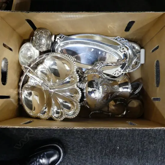 BOX LOT QUALITY SILVER PLATE, COFFEE POT, TRAYS DISHES ETC..