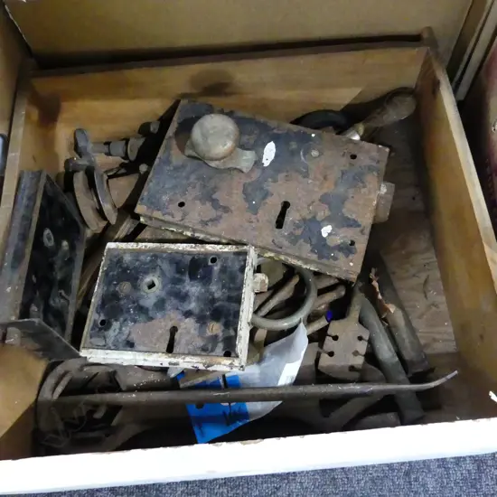 BOX LOT DRAWER OF ASST. DOOR HARDWARE, TOOLS ETC