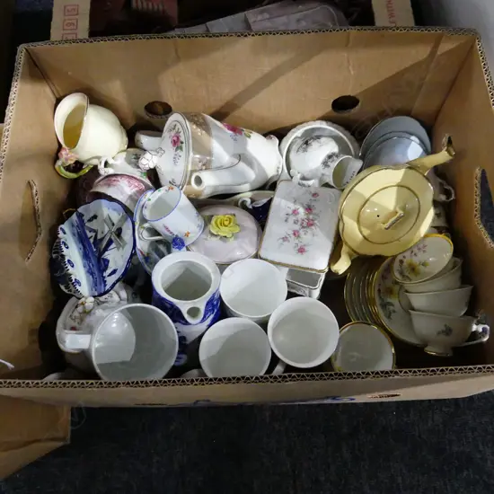 GOOD BOX LOT ASST CHINA INCL RCD TEAPOT, HUTSCHENREUTHER, RA, COALPORT ETC..