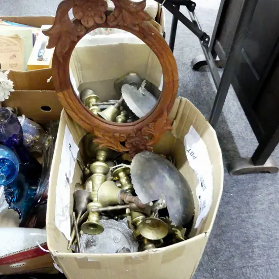 BOX LOT ASST. BRASS ITEMS; 2 PRS CANDLESTICKS, BELLS ETC + OVAL WOODEN MIRROR