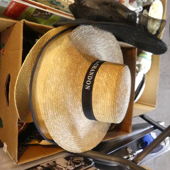 BOX LOT STRAW HATS, INDIAN SARI & PR BEADED HEELS, WOODEN BOX