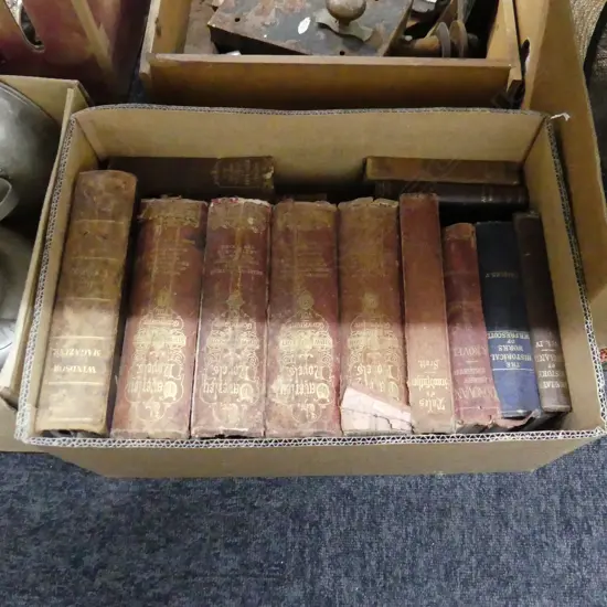 BOX LOT ANTIQUE BOOKS; WAVERLEY NOVELS ETC