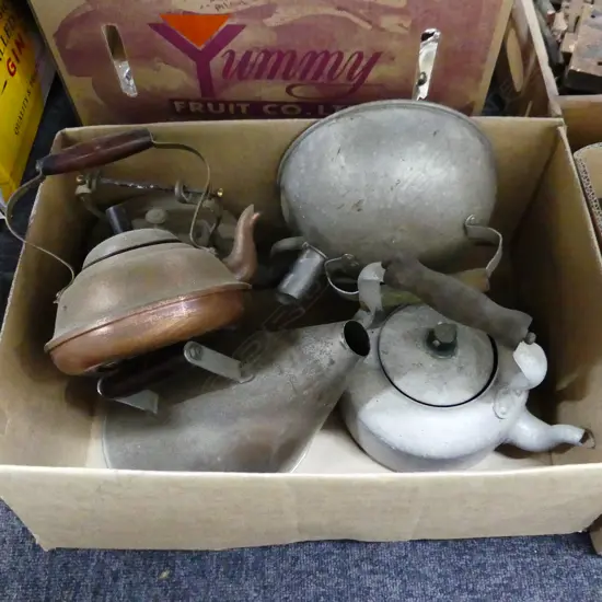 BOX ASST OLD KETTLES, COPPER, ALUMINIUM ETC..