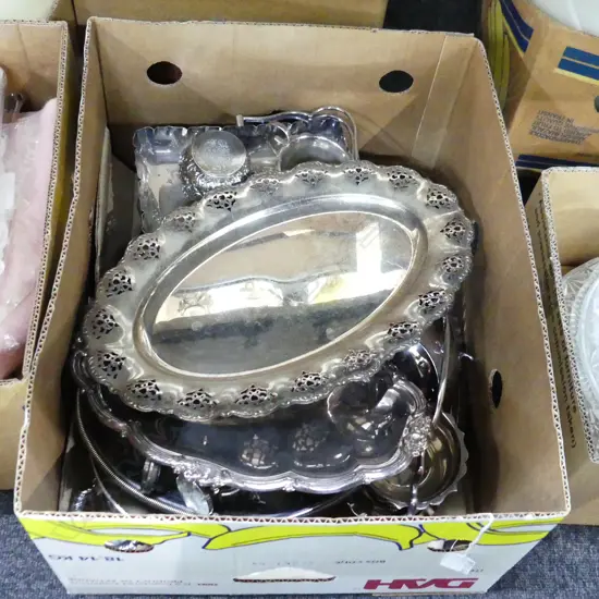 BOX LOT SILVER PLATE DISHES, TRAYS, BOWLS ETC..