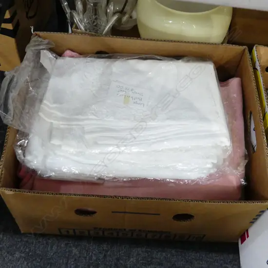 BOX LOT WOOLEN BLANKETS, LACE SHEETS