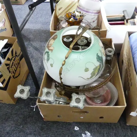 BOX LOT ANTIQUE SUSPENDED CEILING LAMP, 3 EP CANDLESTICKS ETC