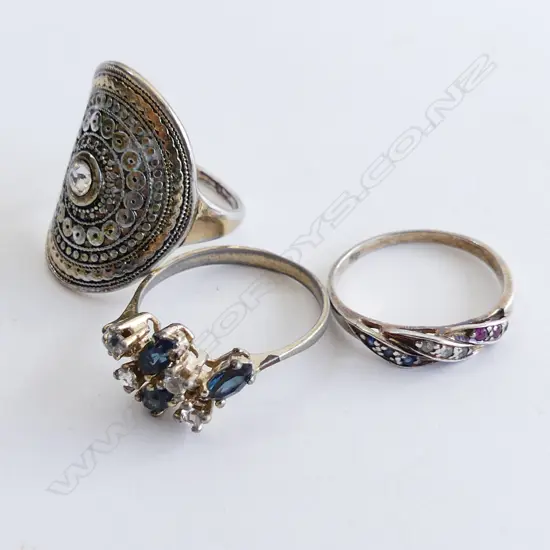 3 DRESS RINGS; 1 STG SILVER W RUBIES & SAPPHIRES.