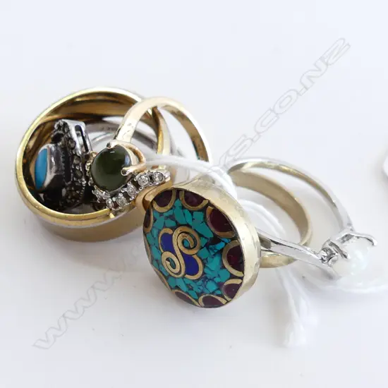 6 ASST RINGS; 2 STG SILVER & TURQUOISE, 1 ENAMEL, PEARL, GREENSTONE & GOLD PLATED RING